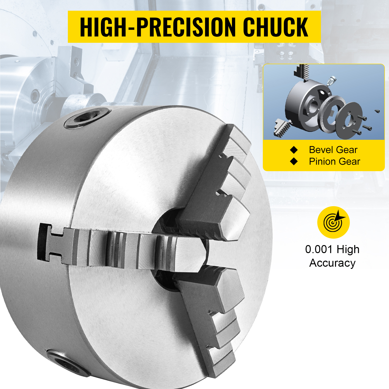 VEVOR lathe chuck with high-precision, 0.001 accuracy, featuring bevel and pinion gears.