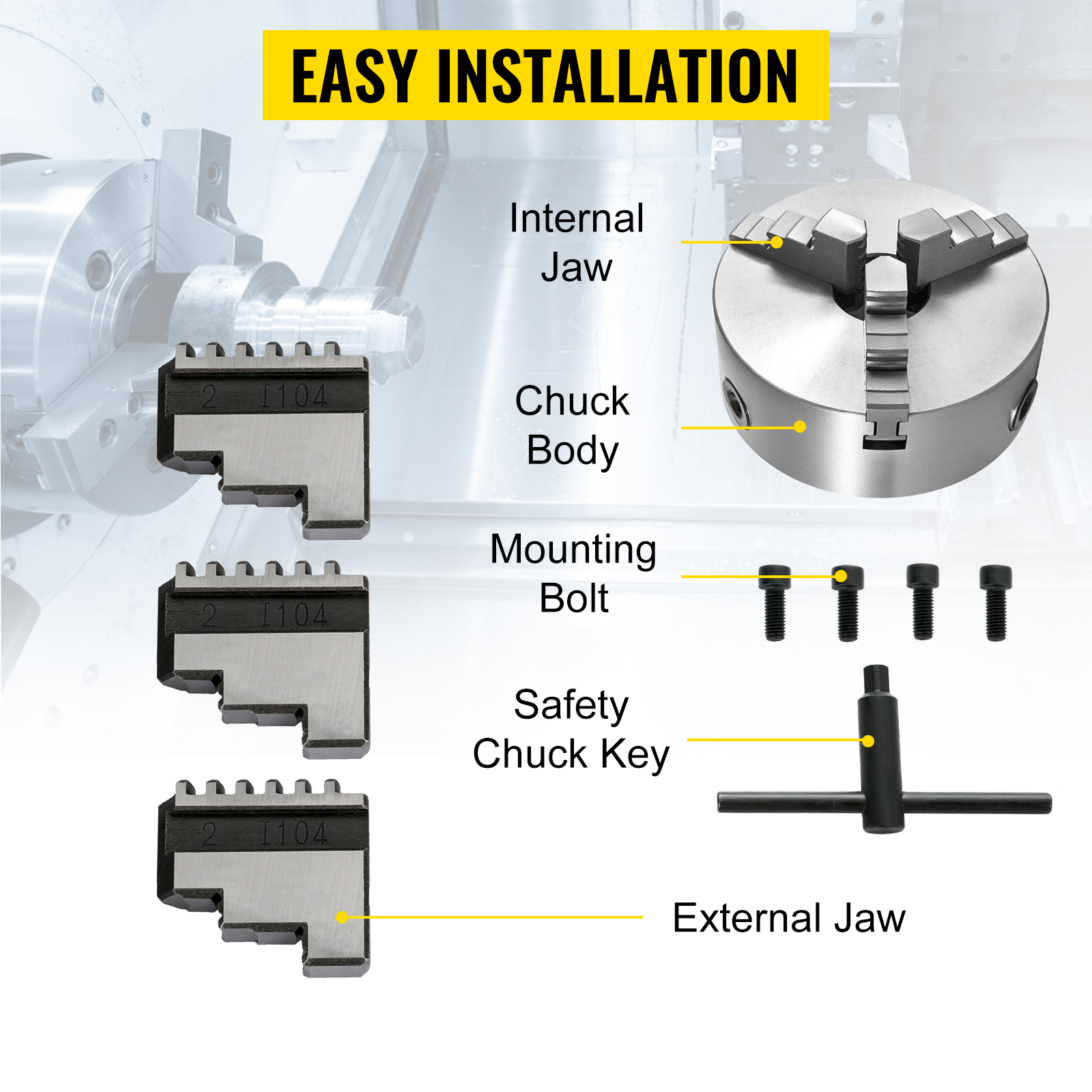 VEVOR lathe chuck labeled parts for easy installation: chuck body, jaws, bolts, key.