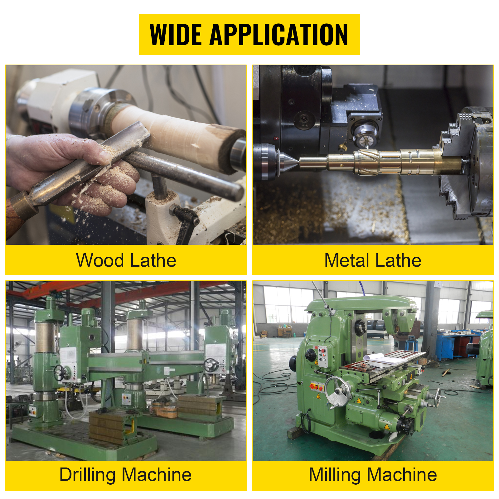 wide application of VEVOR lathe chuck: wood lathe, metal lathe, drilling, milling.