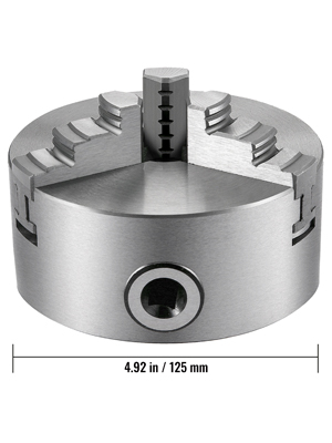 VEVOR lathe chuck with 4.92 in / 125 mm dimensions, showcasing jaws and central hole.
