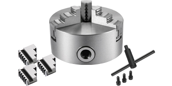 VEVOR lathe chuck with jaw sets, t-handle wrench, and mounting bolts.