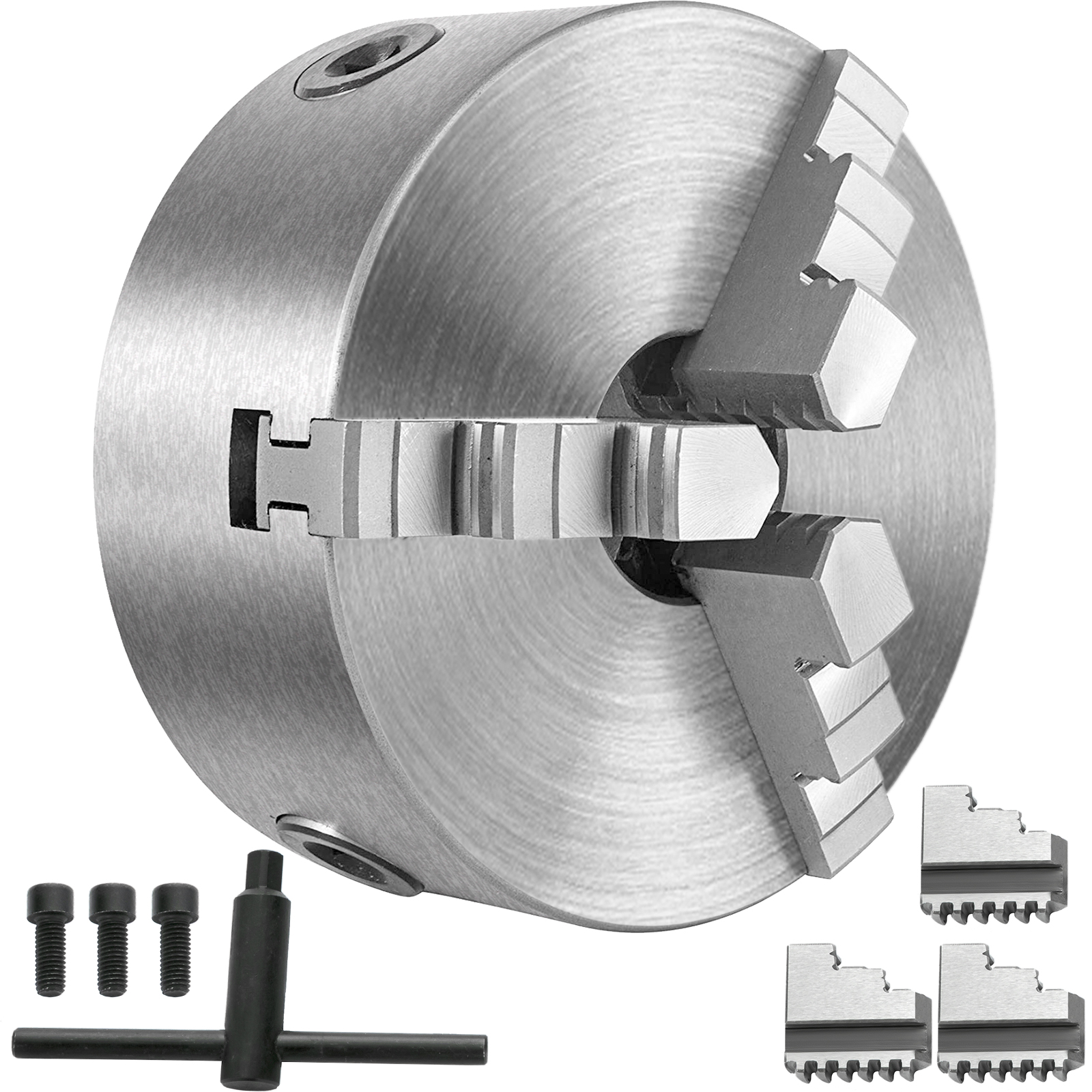 VEVOR lathe chuck with accessories, including bolts and a t-handle key.