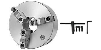 VEVOR lathe chuck with keys, bolts, and an allen wrench for precise metalwork.