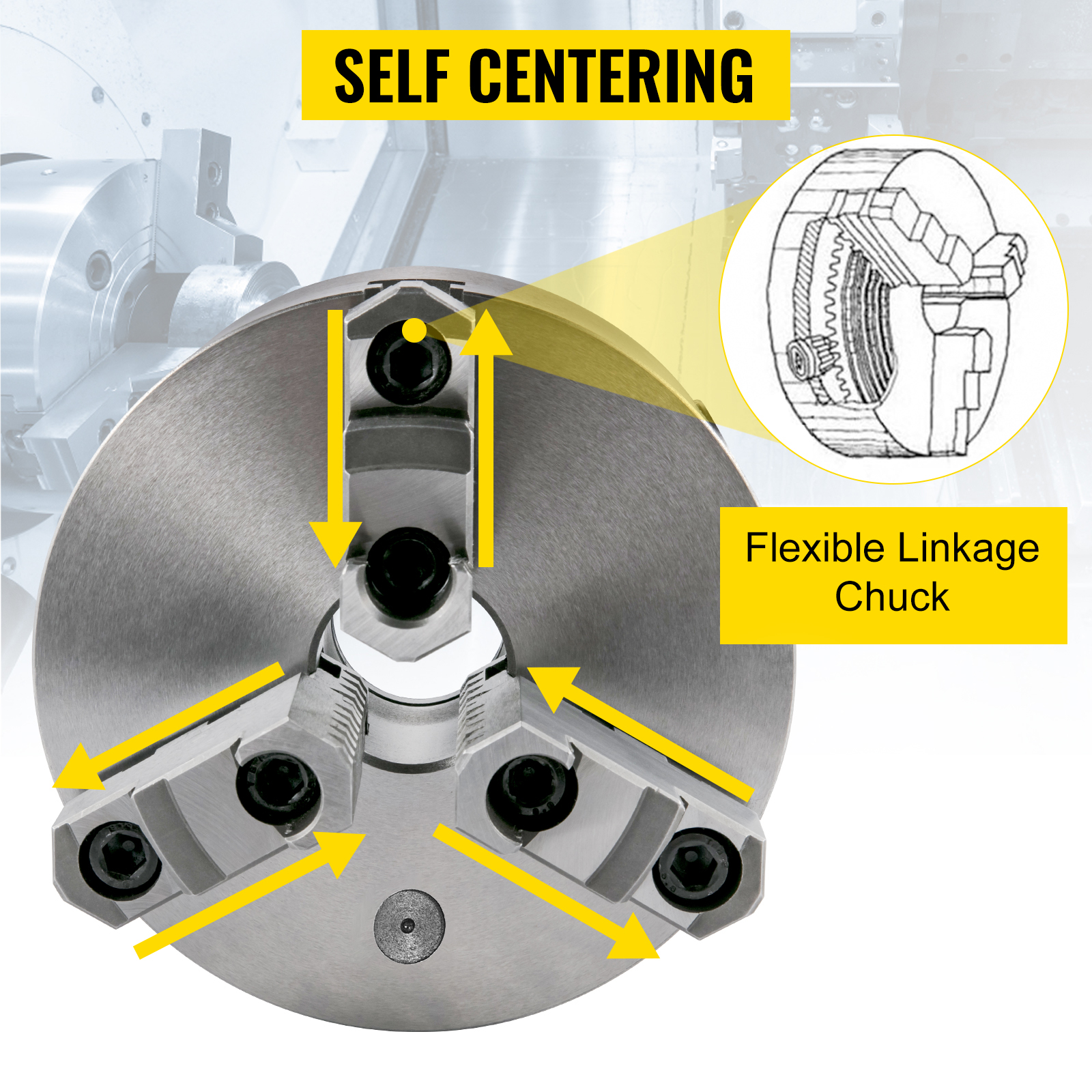 VEVOR lathe chuck with self-centering flexible linkage.