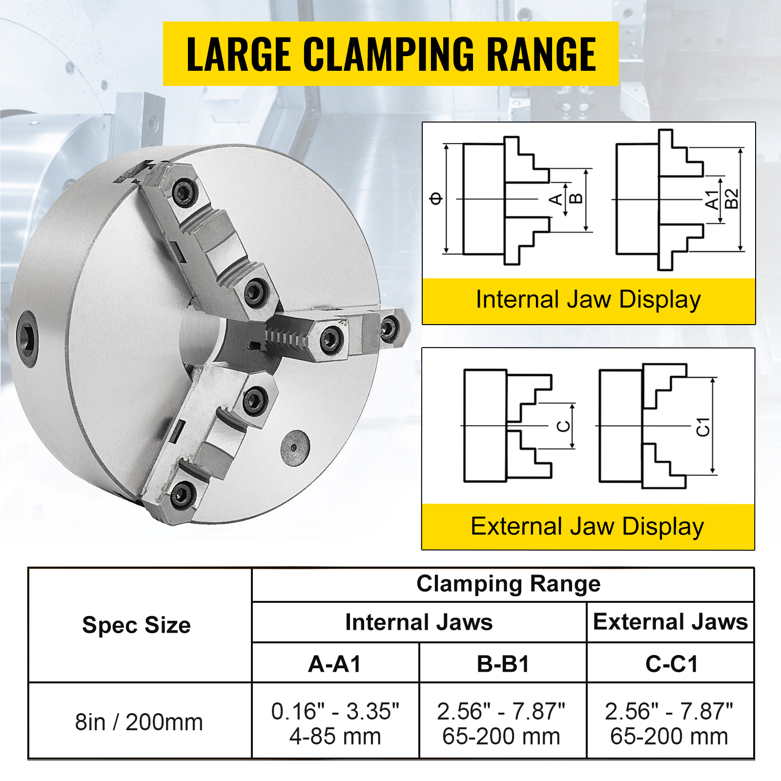 VEVOR lathe chuck with large clamping range, internal and external jaw display.