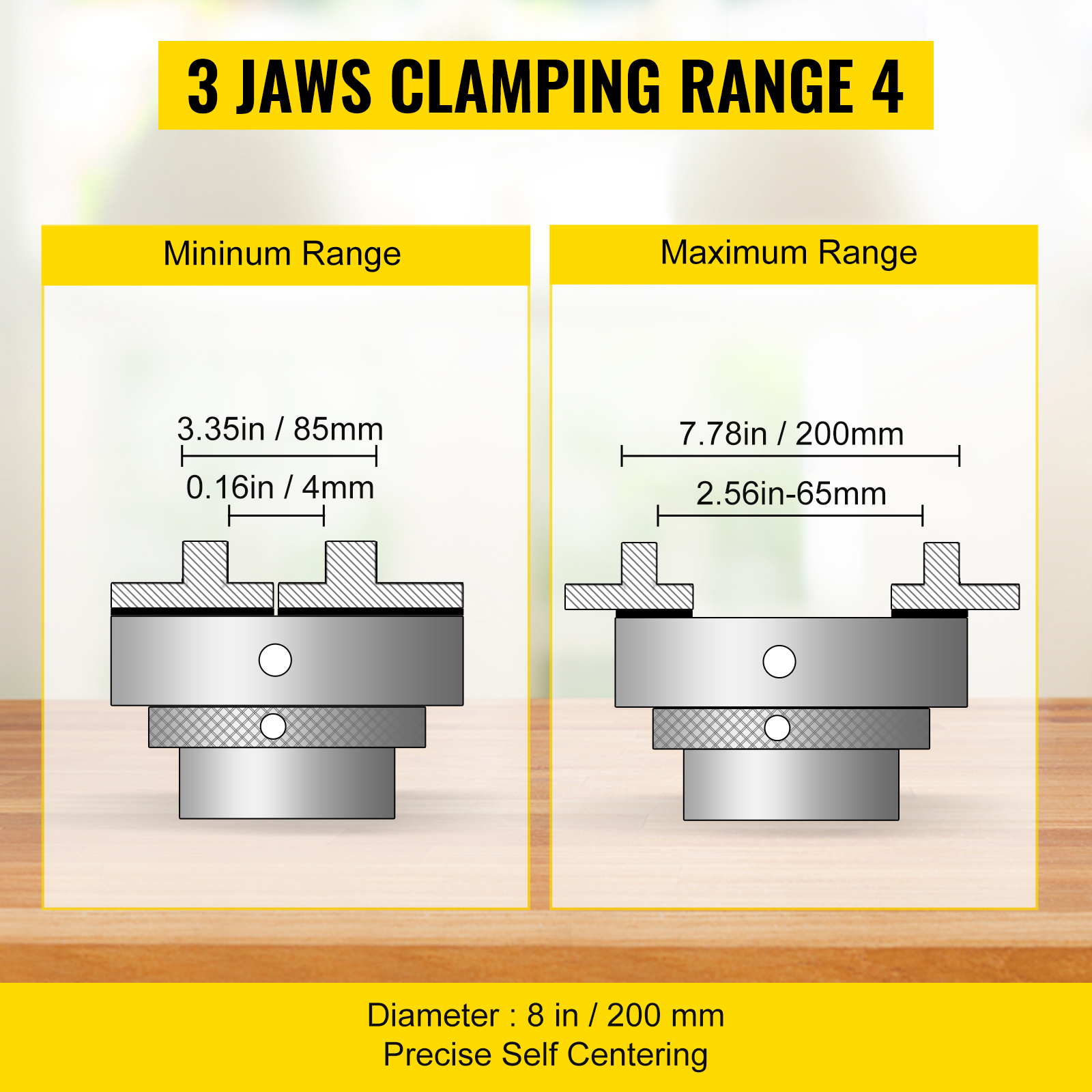 VEVOR lathe chuck: minimum clamping 3.35in/85mm, max 7.78in/200mm. diameter 8in/200mm