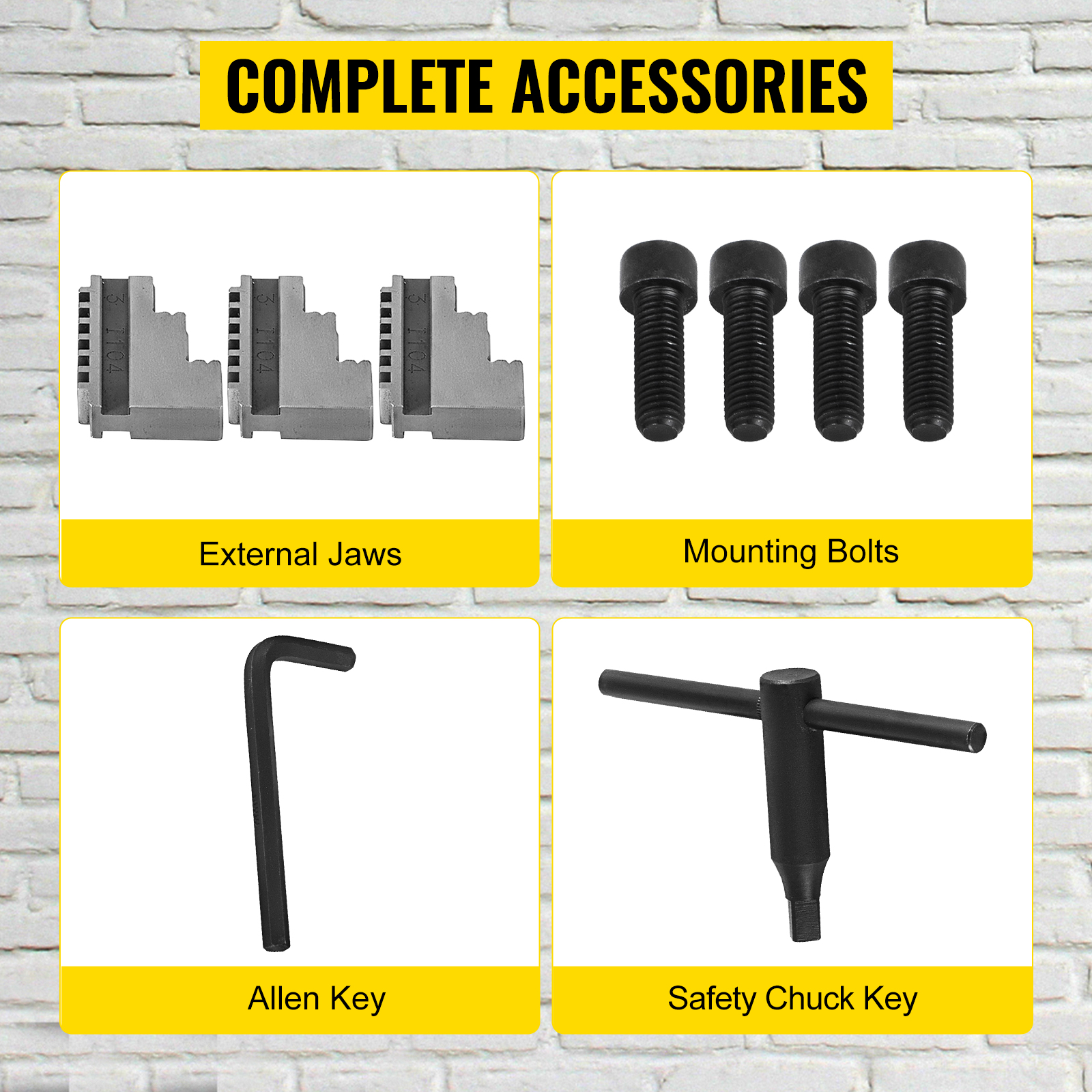 VEVOR lathe chuck accessories: external jaws, mounting bolts, allen key, safety chuck key.
