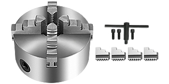 VEVOR lathe chuck with accessories including t-handle and extra jaws.