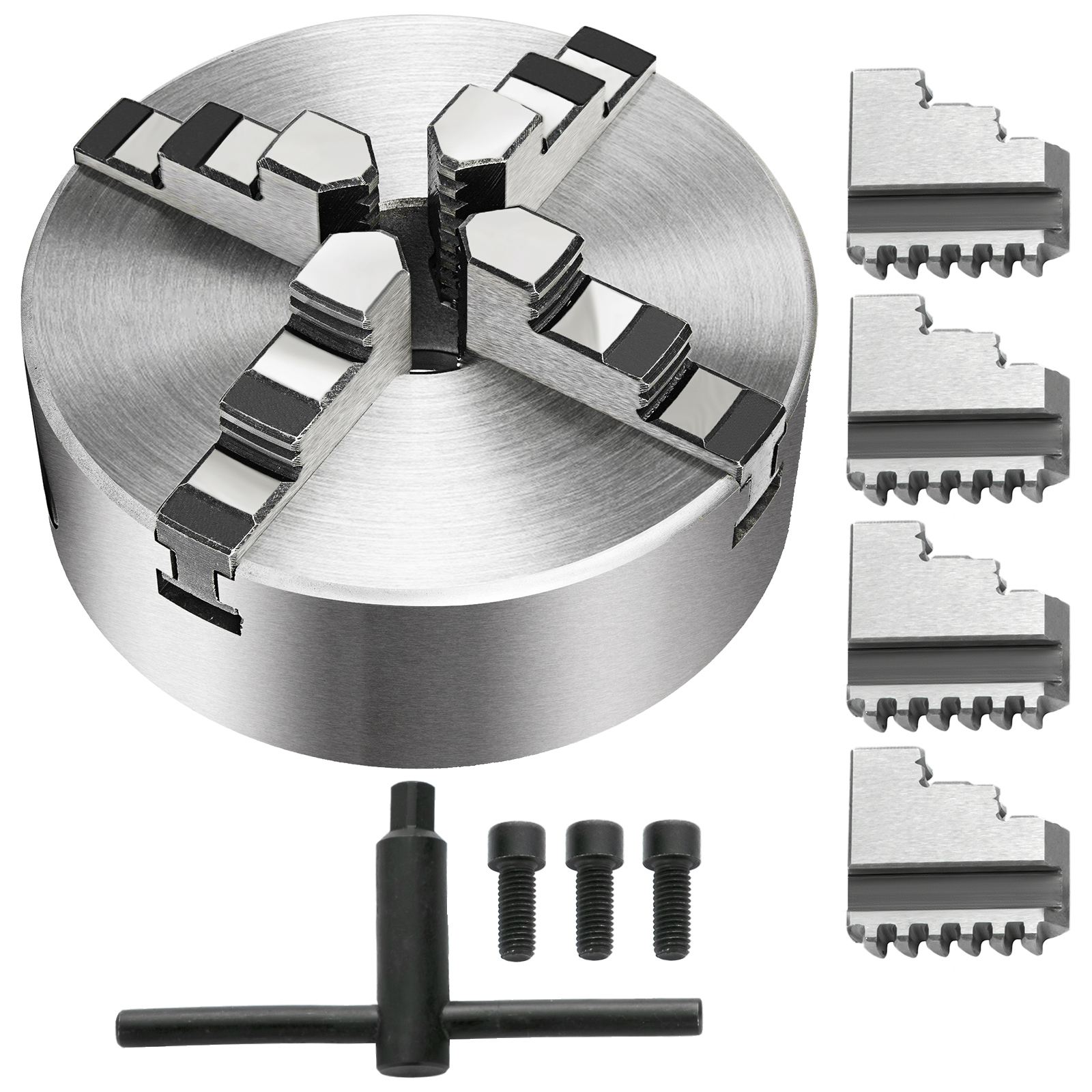 VEVOR lathe chuck with jaws, bolts, and t-handle for mechanical precision.