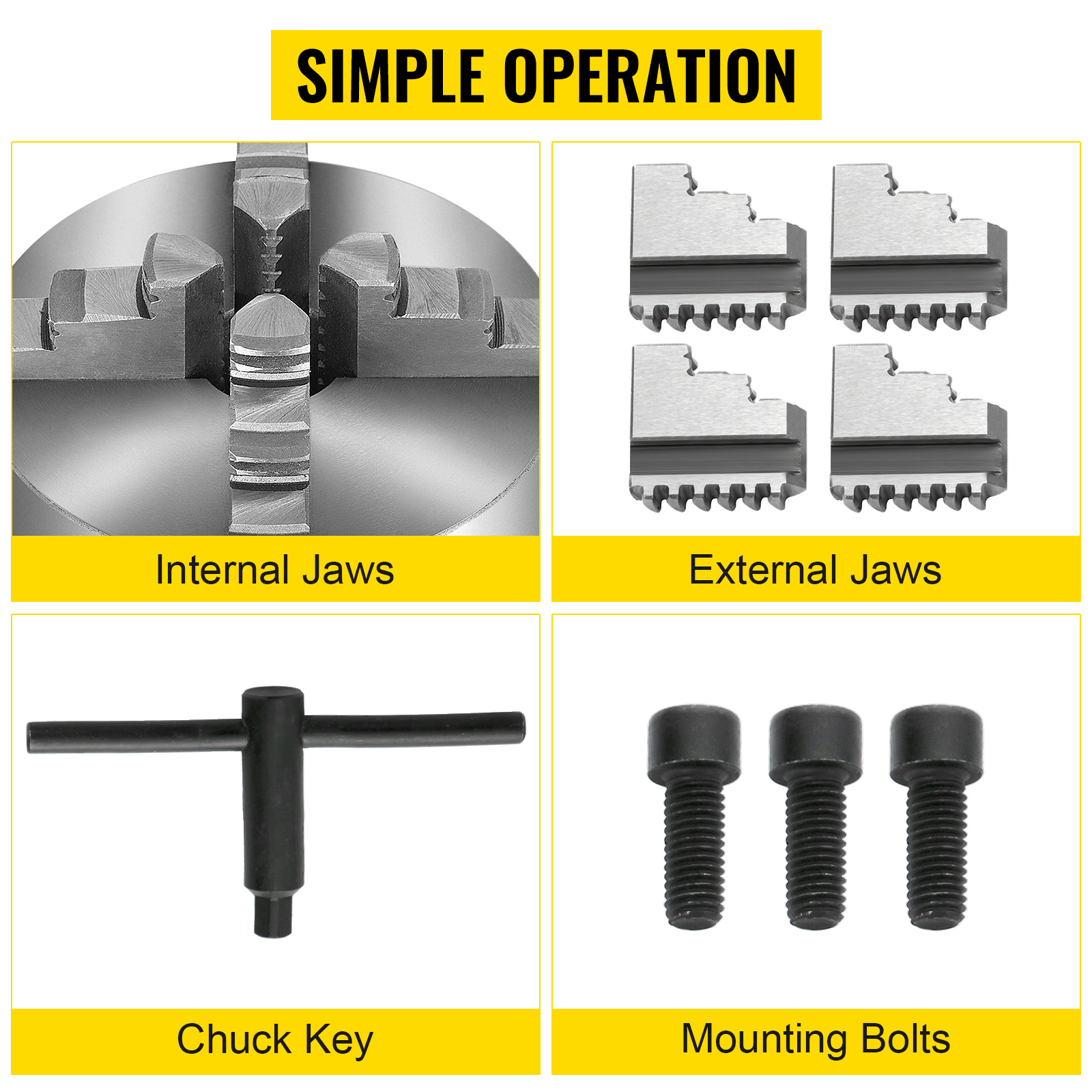 VEVOR lathe chuck with internal and external jaws, chuck key, and mounting bolts.