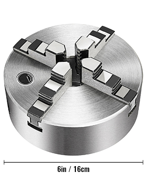 VEVOR lathe chuck 6in/16cm, four-jaw, round, metallic finish.