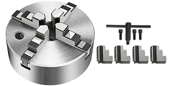 VEVOR lathe chuck set with 4 jaws, screws, and wrench on a white background.