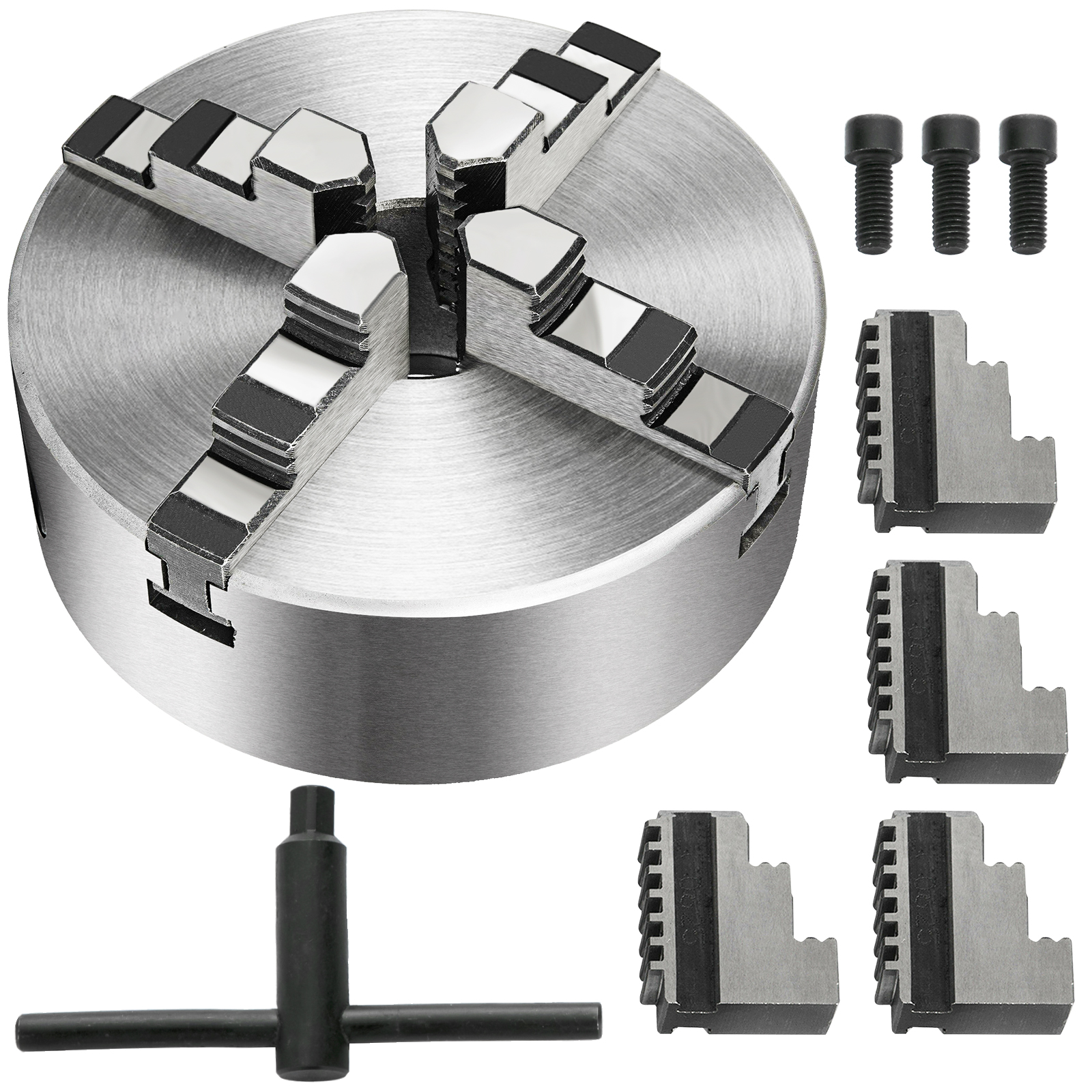 VEVOR lathe chuck with 3 jaws, extra grips, screws, and key tool on white background.