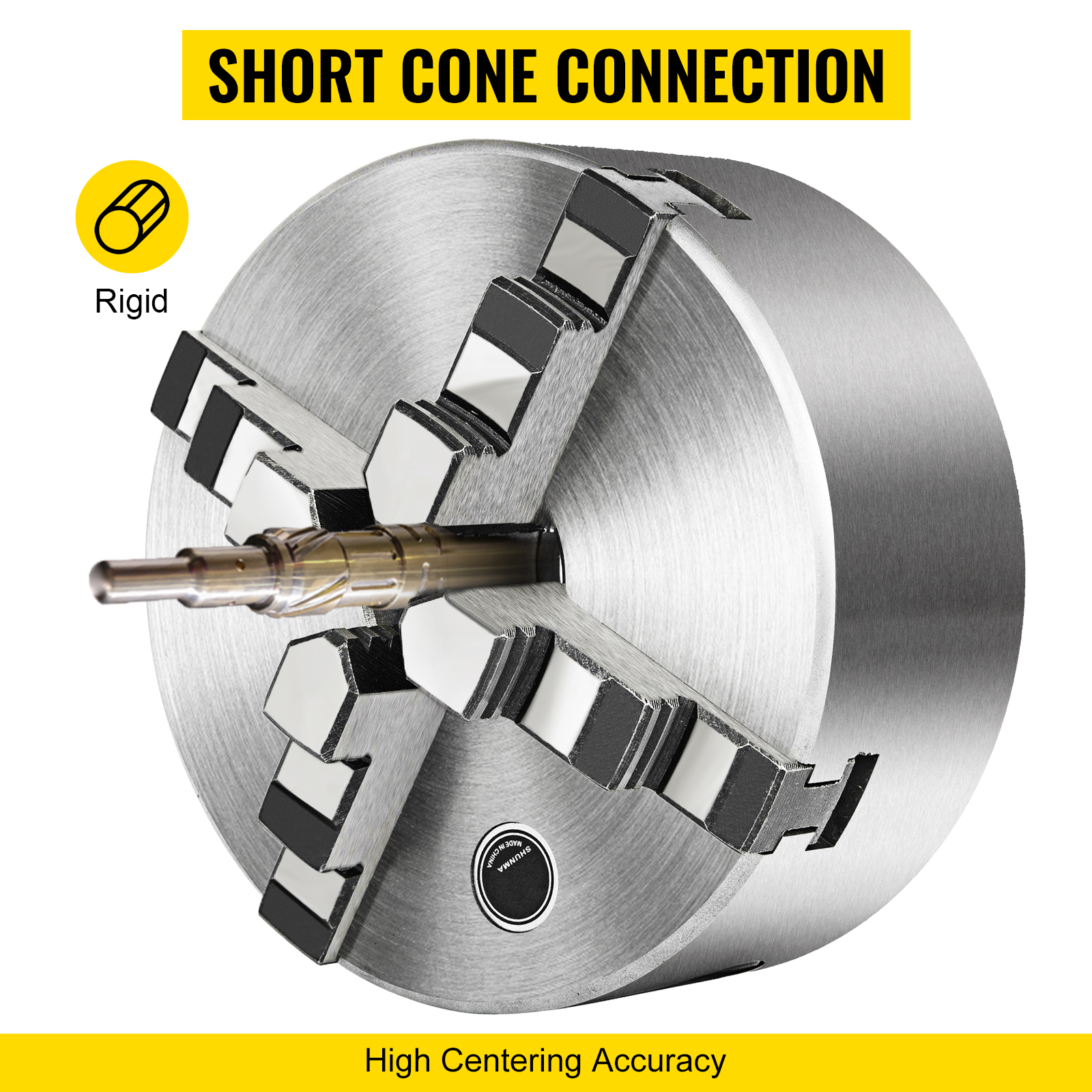 VEVOR lathe chuck showing short cone connection and high centering accuracy.