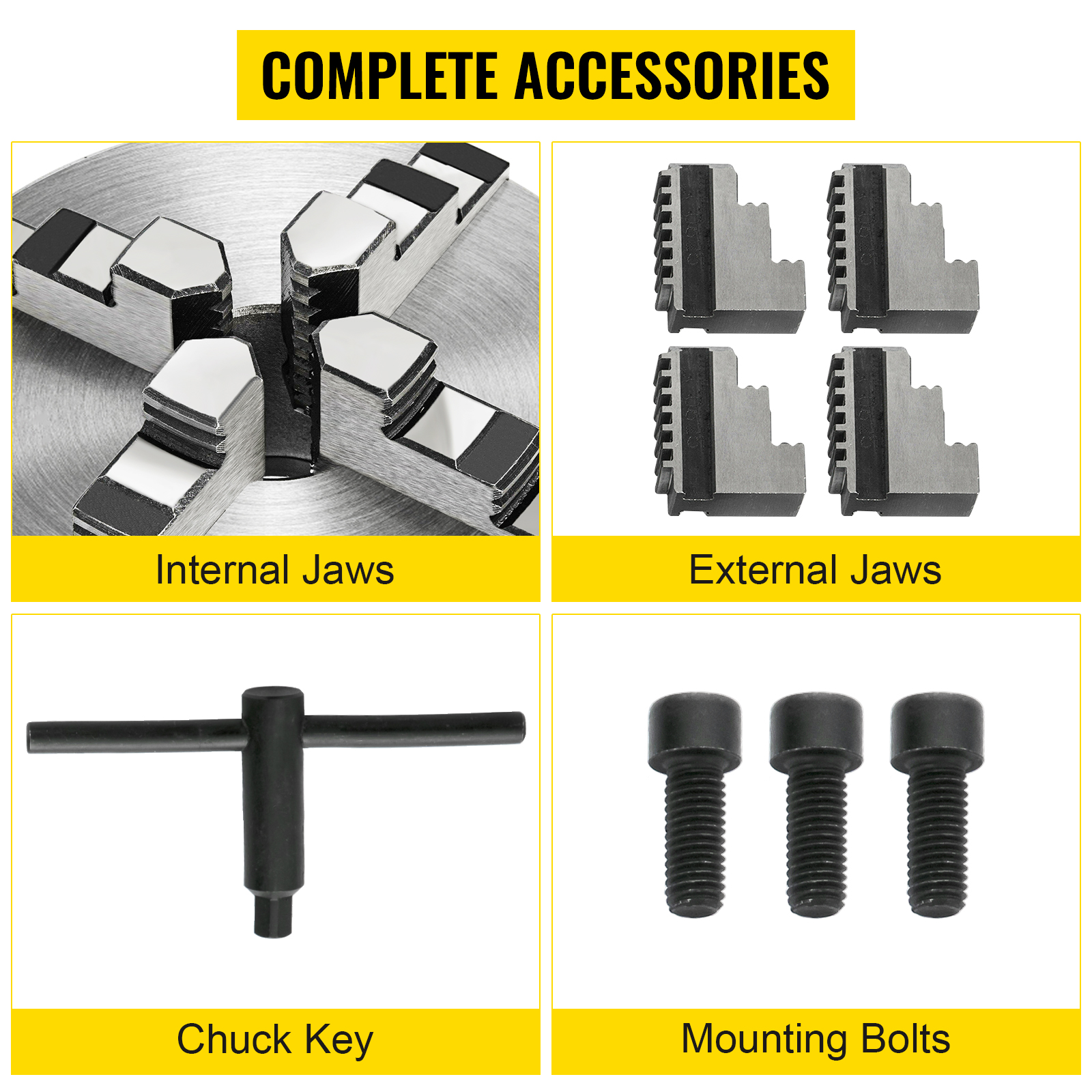 VEVOR lathe chuck complete accessories: internal jaws, external jaws, chuck key, bolts.