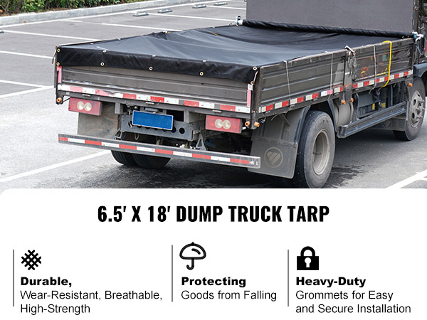 6.5' x 18' black VEVOR dump truck mesh tarp protecting goods, installed on a truck in a parking lot.