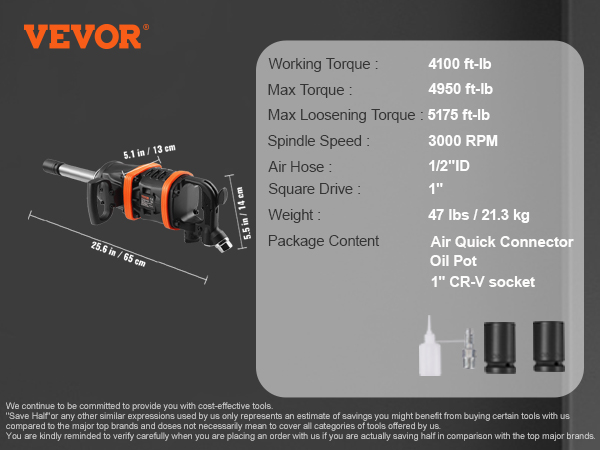 VEVOR air impact wrench: 4100 ft-lb torque, 1" drive, 200psi, 25.6" long, includes quick connector and socket.