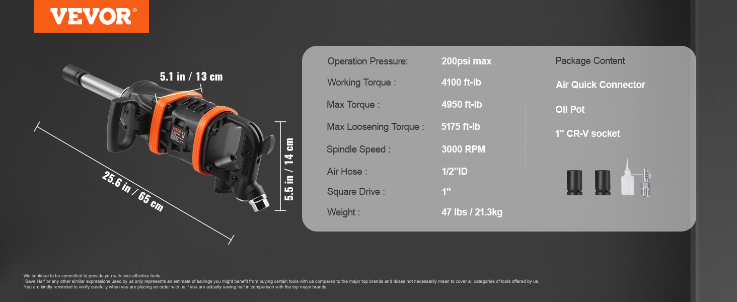 VEVOR air impact wrench: 4100 ft-lb torque, 1" drive, 200psi, 25.6" long, includes quick connector and socket.