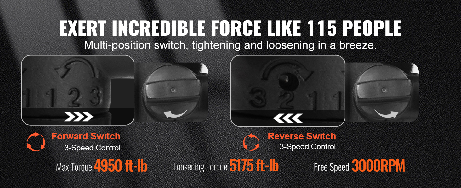 VEVOR pneimatiskais triecienskrūvgriezis ar 3 ātrumu vadību, maksimālo griezes momentu 4950 ft-lb un brīvgaitas ātrumu 3000 apgr./min.