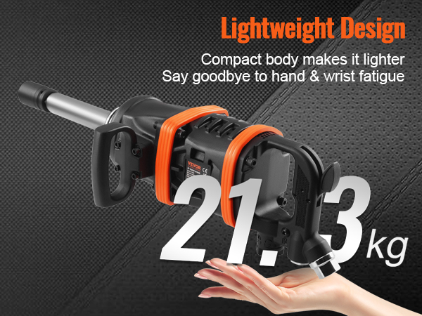 Viegls VEVOR pneimatiskais triecienskrūvgriezis, kas attēlots uz atvērtas rokas ar tekstu, kas izceļ tā 21,3 kg svaru.