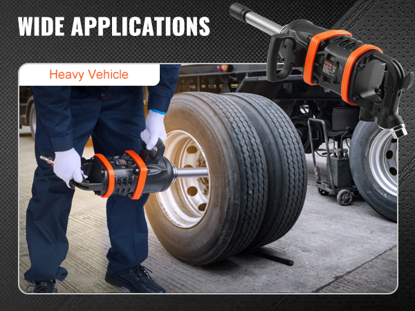 Plašs VEVOR pneimatiskā trieciena uzgriežņu atslēgas pielietojums smago transportlīdzekļu riepu maiņai.