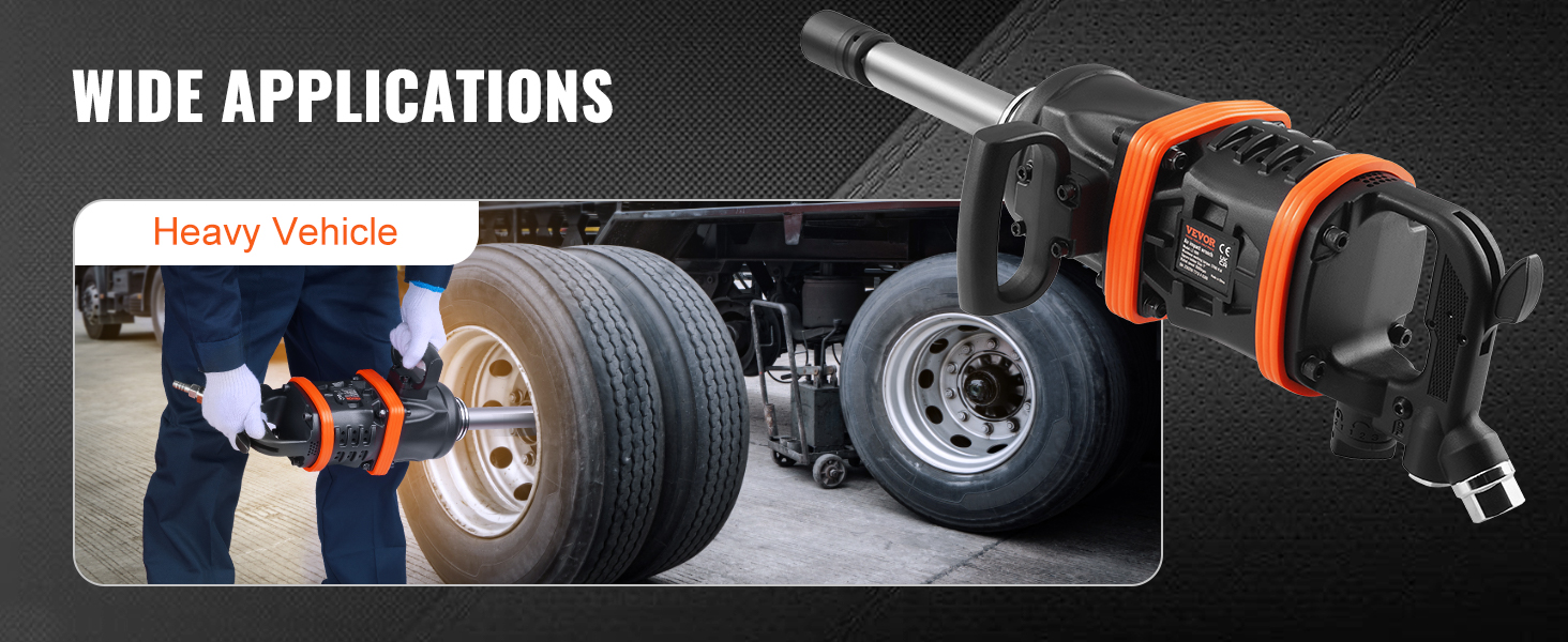 Plašs VEVOR pneimatiskā trieciena uzgriežņu atslēgas pielietojums smago transportlīdzekļu riepu maiņai.