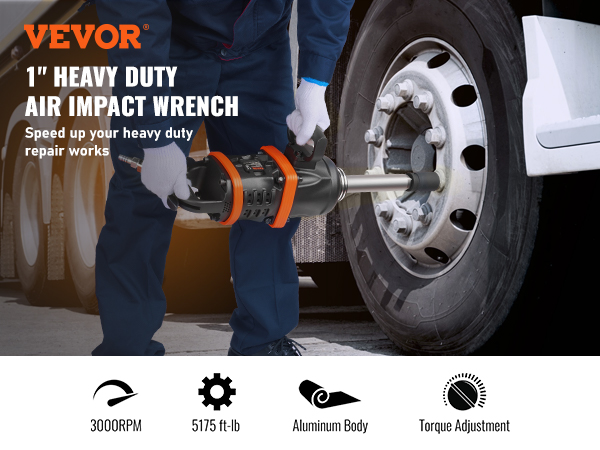 VEVOR air impact wrench in use on a truck wheel, featuring 3000rpm, 5175 ft-lb torque, aluminum body.