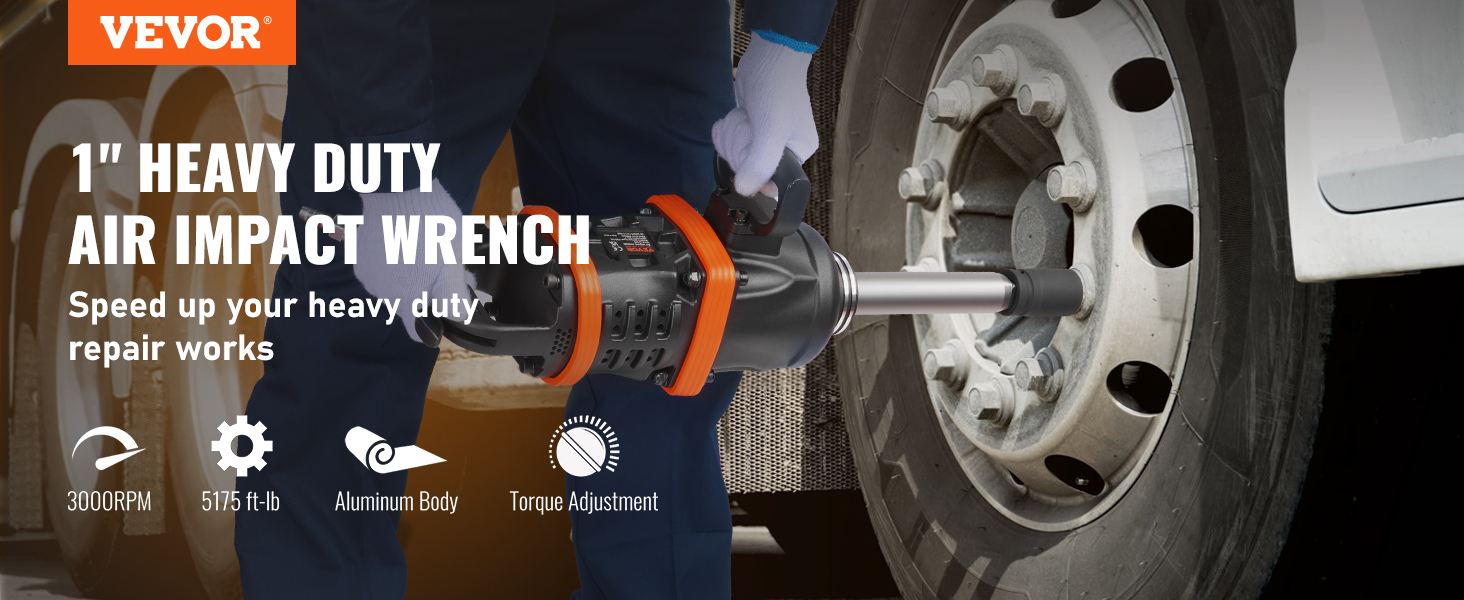 VEVOR air impact wrench in use on a truck wheel, featuring 3000rpm, 5175 ft-lb torque, aluminum body.