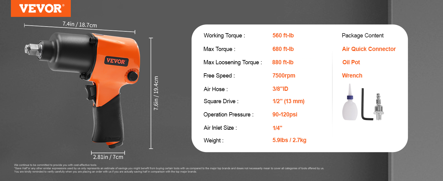 VEVOR pneimatiskā triecienatslēga, 680 ft-lb maksimālais griezes moments, 7500 apgr./min ātrums, komplektā ir gaisa ātrais savienotājs, eļļas trauks un uzgriežņu atslēga.
