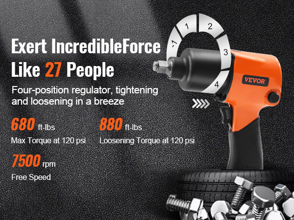 VEVOR pneimatiskais triecienskrūvgriezis ar 680 ft-lbs maksimālo griezes momentu, 880 ft-lbs atskrūvēšanas griezes momentu un 7500 apgr./min brīvgaitas ātrumu.