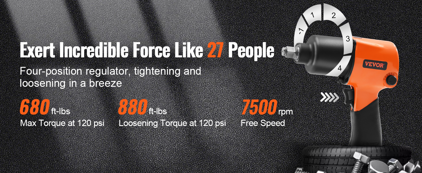 VEVOR pneimatiskais triecienskrūvgriezis ar 680 ft-lbs maksimālo griezes momentu, 880 ft-lbs atskrūvēšanas griezes momentu un 7500 apgr./min brīvgaitas ātrumu.