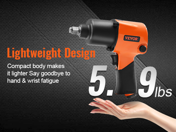 VEVOR pneimatiskā triecienskrūvgrieža konstrukcijai ir viegls dizains, 5,9 mārciņas, un kompaktais korpuss samazina roku un plaukstu locītavu nogurumu.
