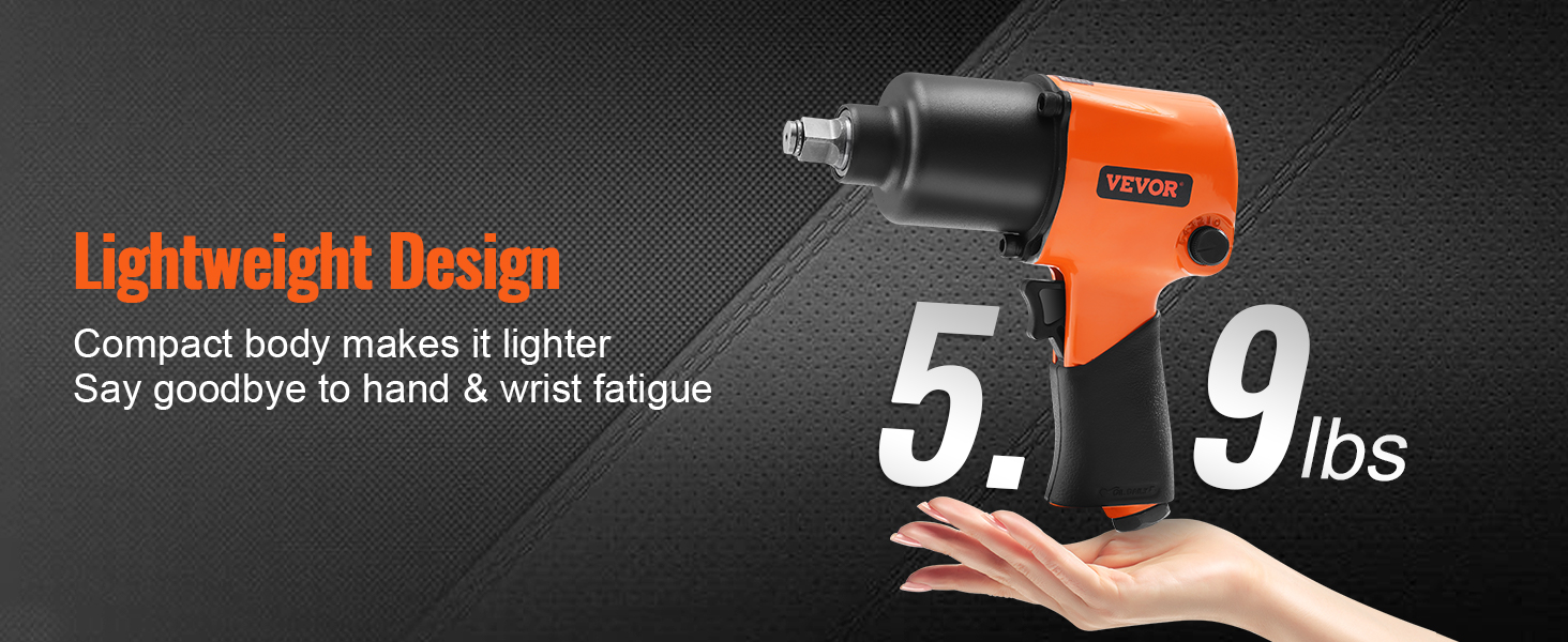 VEVOR pneimatiskā triecienskrūvgrieža konstrukcijai ir viegls dizains, 5,9 mārciņas, un kompaktais korpuss samazina roku un plaukstu locītavu nogurumu.