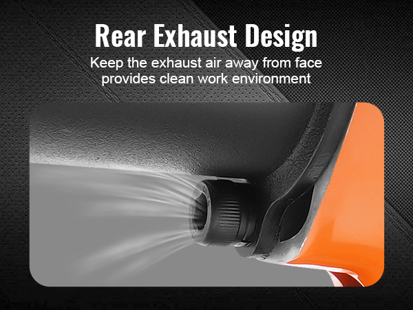 VEVOR pneimatiskā triecienskrūvgrieža aizmugurējā izplūdes konstrukcija, kas novērš izplūdes gāzu nonākšanu saskarē ar seju, nodrošinot tīru darba vidi.