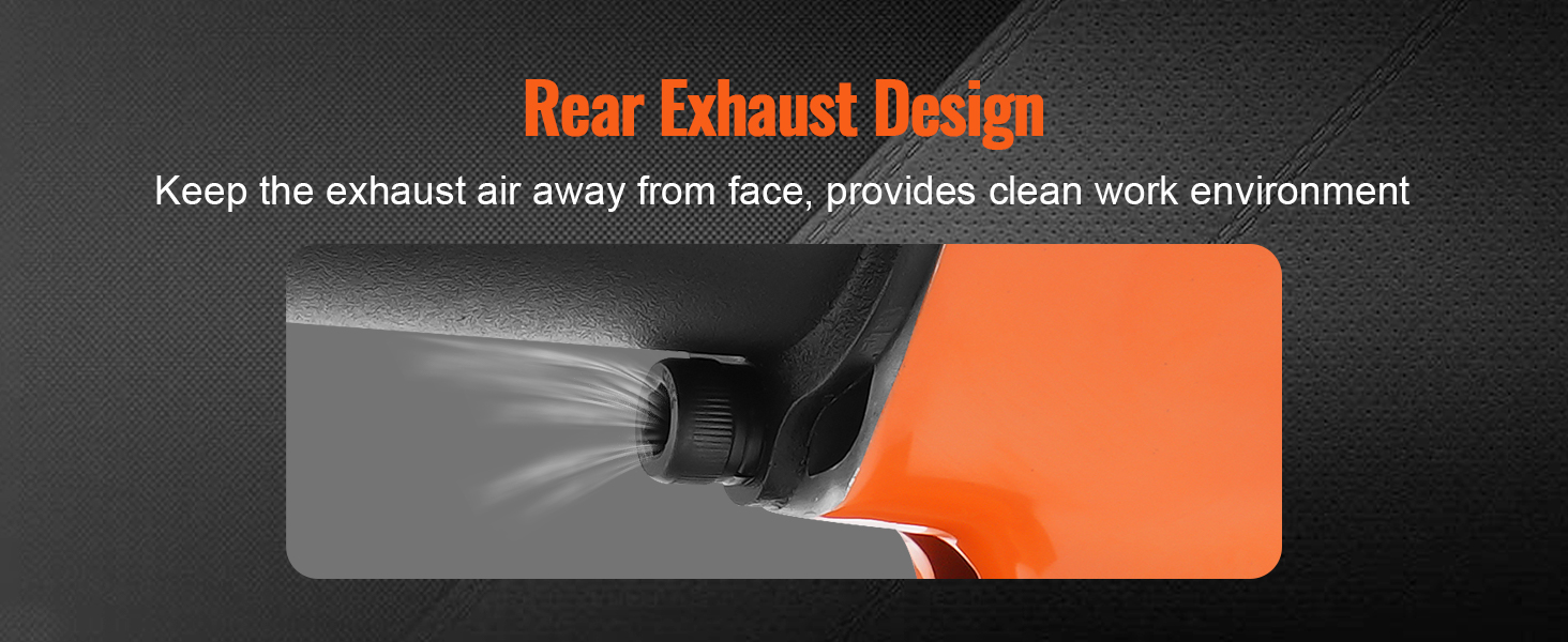 VEVOR pneimatiskā triecienskrūvgrieža aizmugurējā izplūdes konstrukcija, kas novērš izplūdes gāzu nonākšanu saskarē ar seju, nodrošinot tīru darba vidi.