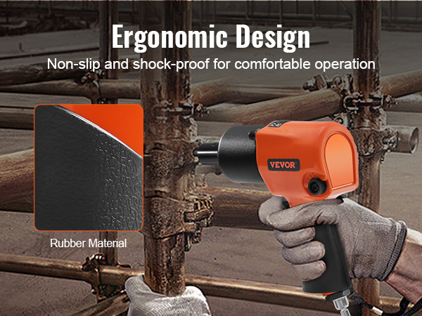 Darbinieks, kas izmanto VEVOR pneimatisko triecienskrūvgriezi ar ergonomisku dizainu un neslīdošu gumijas materiālu komfortam.