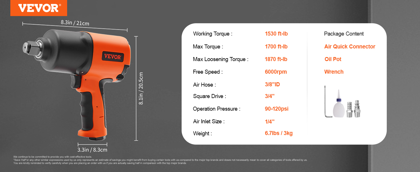 VEVOR air impact wrench, orange-black, 1700 ft-lb max torque, 8.1in height, accessories included.