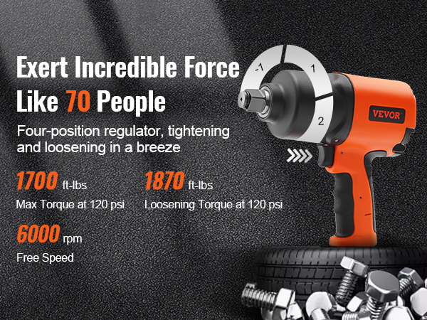 VEVOR pneimatiskais triecienskrūvgriezis: maksimālais griezes moments 1700 ft-lbs, atskrūvēšanas griezes moments 1870 ft-lbs, brīvgaitas ātrums 6000 apgr./min.