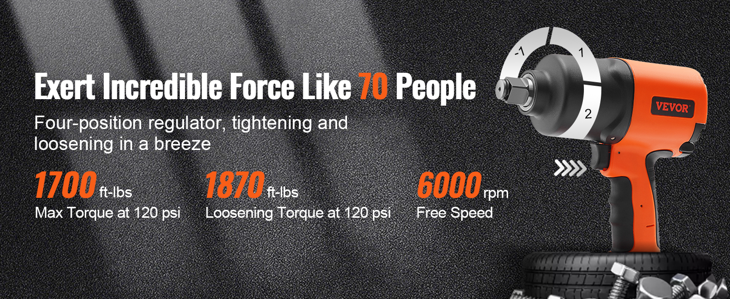 VEVOR pneimatiskais triecienskrūvgriezis: maksimālais griezes moments 1700 ft-lbs, atskrūvēšanas griezes moments 1870 ft-lbs, brīvgaitas ātrums 6000 apgr./min.