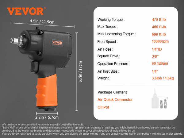 VEVOR air impact wrench with orange handle, specifications, and package content.