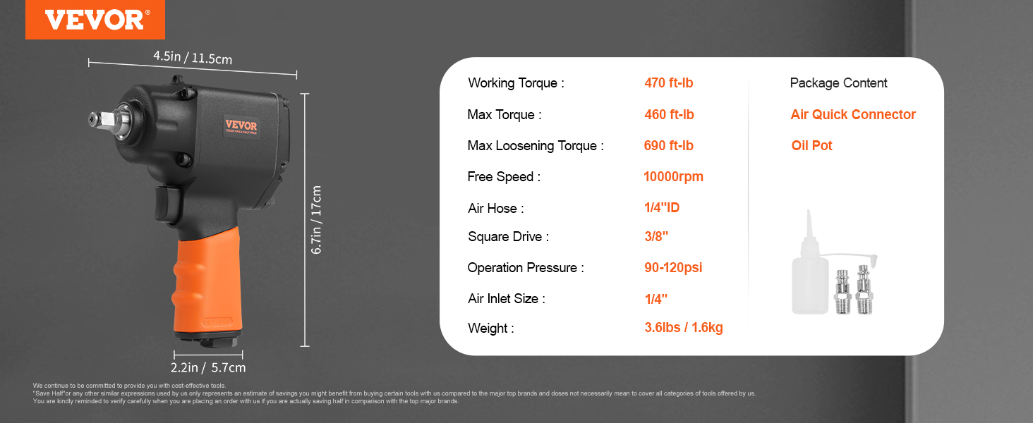 VEVOR air impact wrench with orange handle, specifications, and package content.
