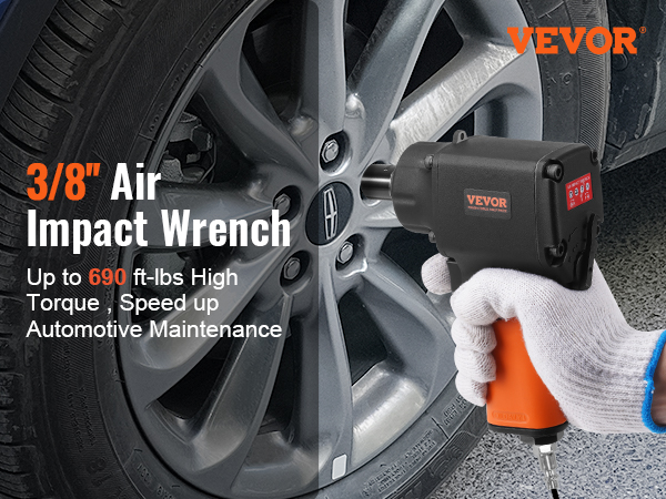 VEVOR air impact wrench used to tighten a car wheel, showcasing its powerful torque and automotive use.