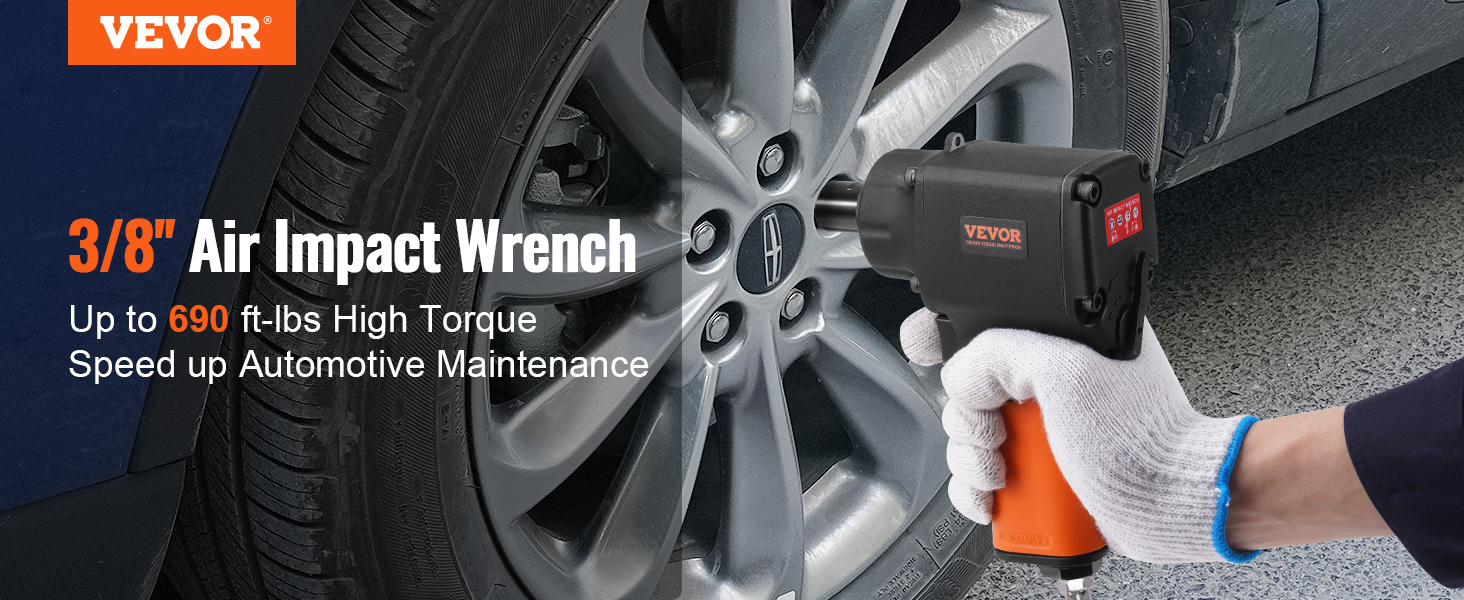 VEVOR air impact wrench used to tighten a car wheel, showcasing its powerful torque and automotive use.