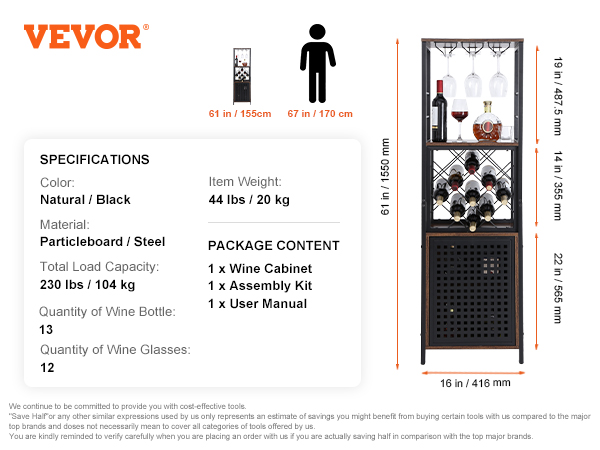 VEVOR industrial bar cabinet with wine racks, glass holder, storage space, and assembly kit included.
