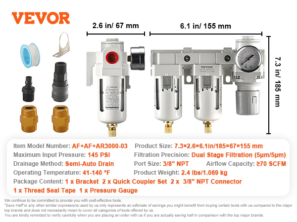 VEVOR gaisa kompresora filtrs ar divpakāpju filtrāciju, pusautomātisko drenāžu un iekļautiem piederumiem.