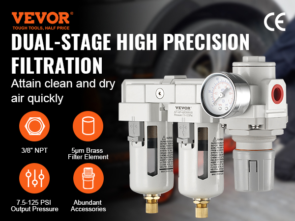 VEVOR gaisa kompresora filtrs ar divpakāpju precīzu filtrāciju, 3/8" npt un 5 μm misiņa filtra elementu.