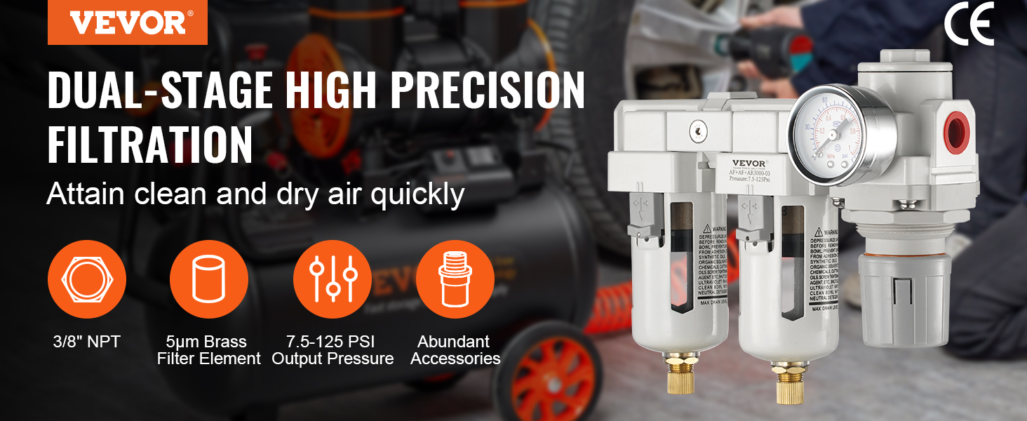 VEVOR gaisa kompresora filtrs ar divpakāpju precīzu filtrāciju, 3/8" npt un 5 μm misiņa filtra elementu.