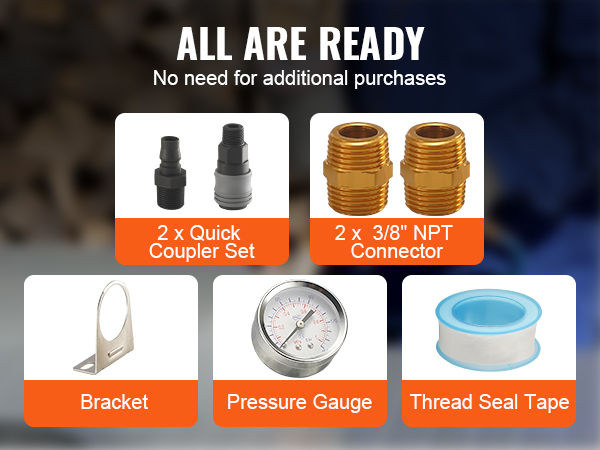 VEVOR gaisa kompresora filtru komplekts ar iekļautiem ātrajiem savienotājiem, npt savienotājiem, kronšteinu, mērinstrumentu un lenti.