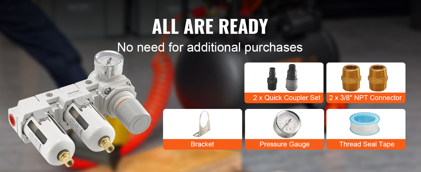 VEVOR gaisa kompresora filtru komplekts ar iekļautiem ātrajiem savienotājiem, npt savienotājiem, kronšteinu, mērinstrumentu un lenti.