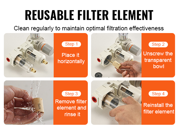 VEVOR gaisa kompresora filtra tīrīšanas darbības: novietojiet horizontāli, atskrūvējiet, noskalojiet un uzstādiet atpakaļ atkārtotai lietošanai.